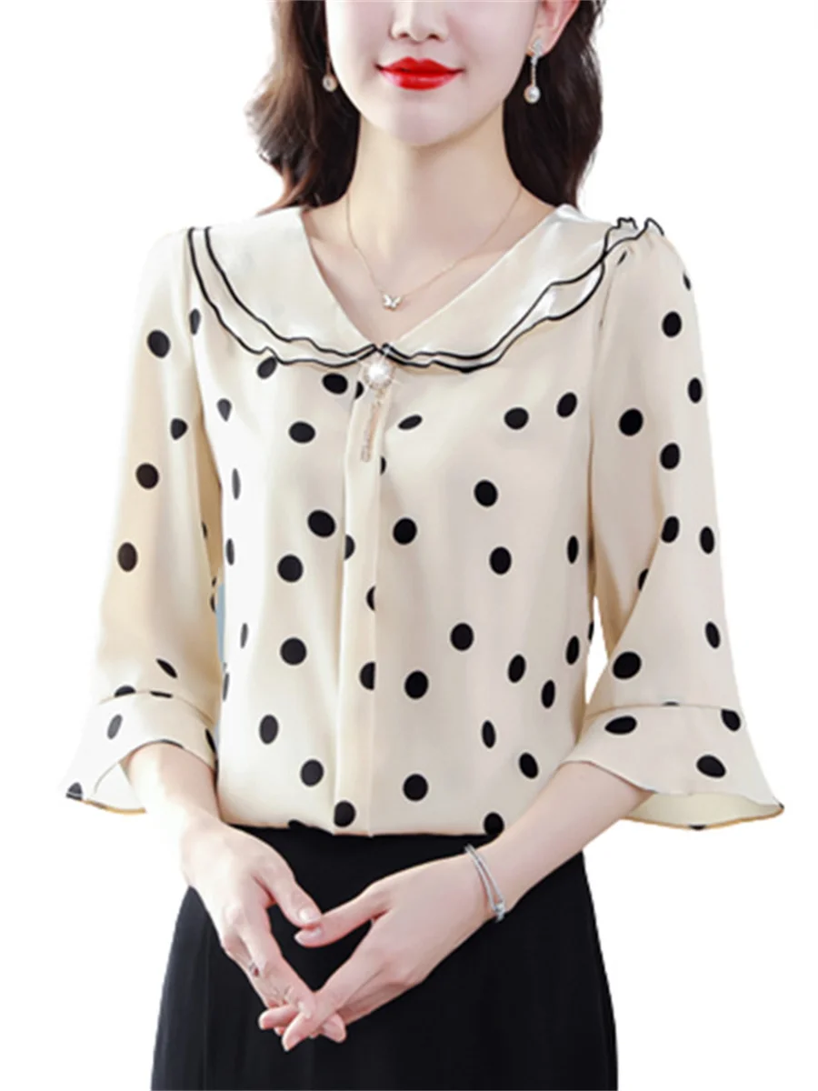 Women Spring Summer Blouses Shirts Lady Fashion Casual Half Sleeve Ruffles Collar Polka Dots Blusas Tops CT0216