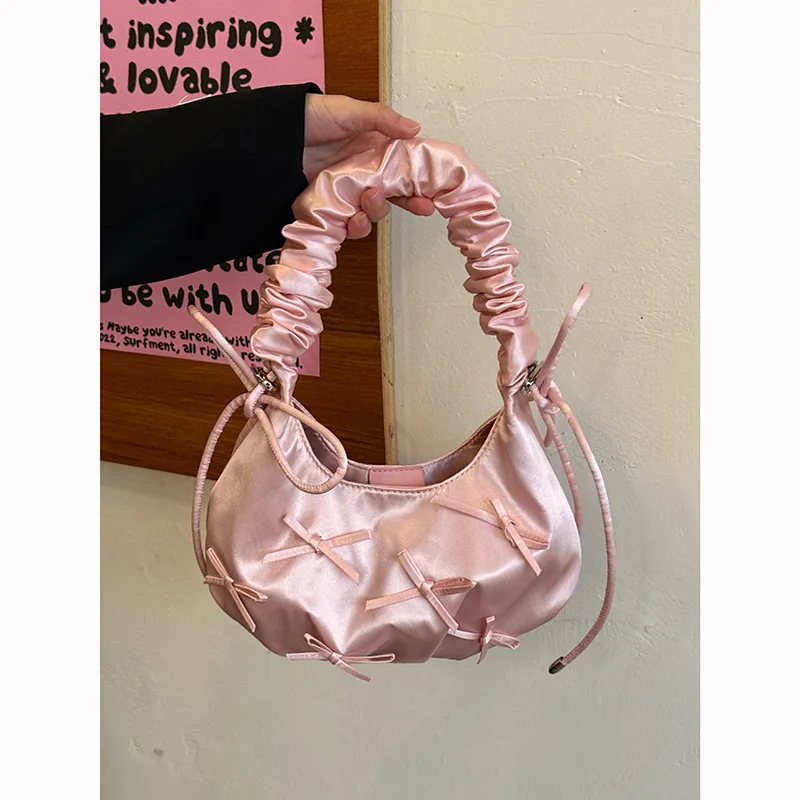 

Ladies' Shoulder Bags Pink Folded Bow Sweet Kawaii Verstaile Lolita New Handbags High Quality Luxury Brand Shoulder Bag For Girl