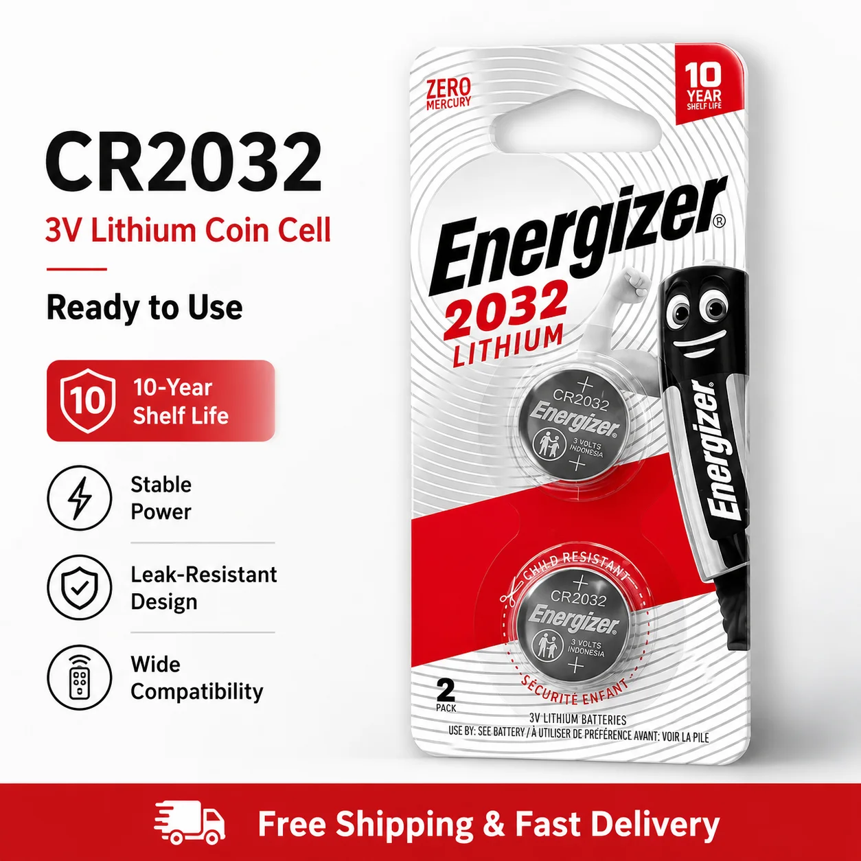 CR2032 3V Coin Cell Battery for Car Key Fob Watch Remote Calculator Toys Household Electronics