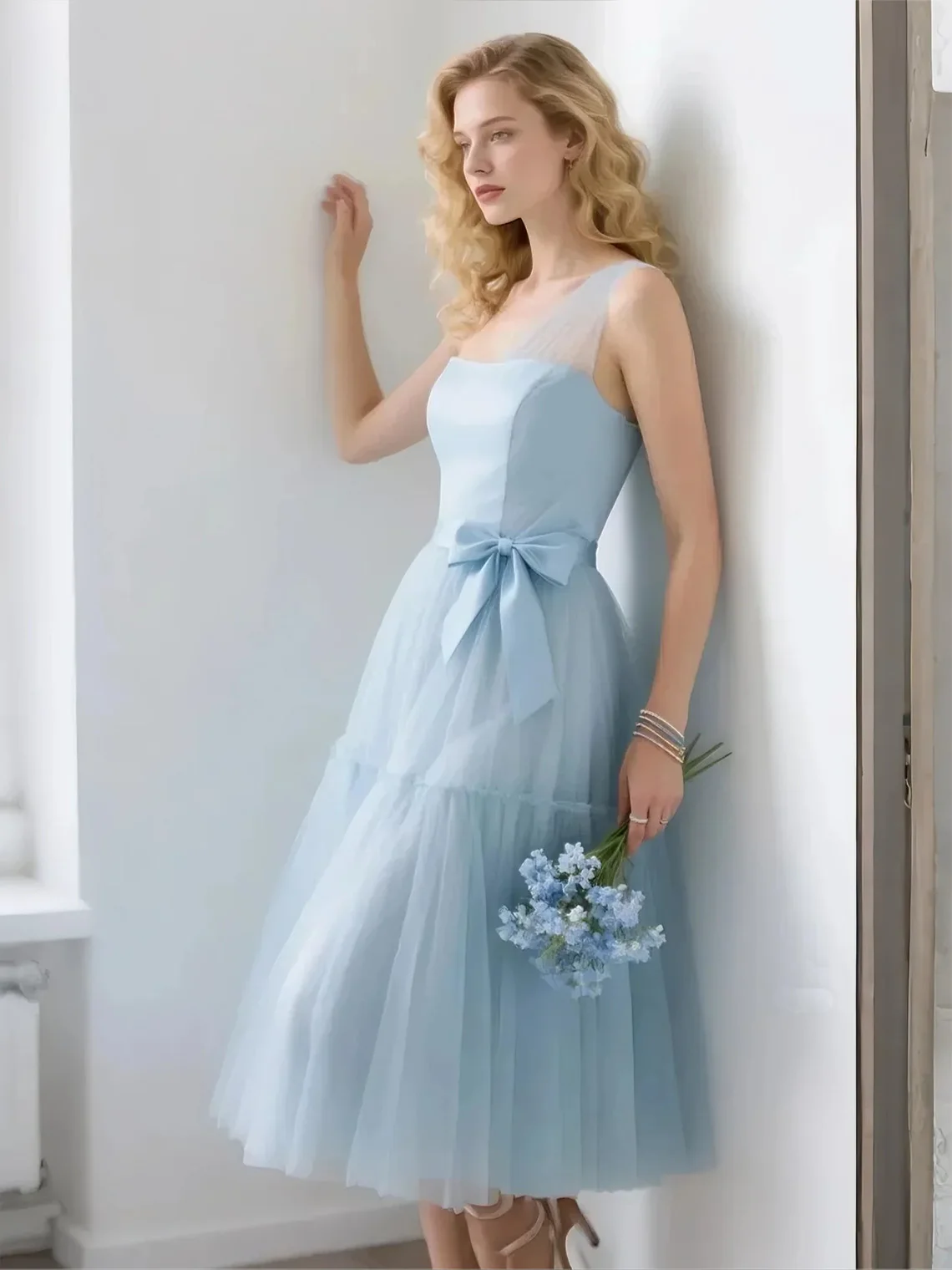 

Sweet A-Line Bridesmaid Dress Romance Prom Dress Knee Length One Shoulder Sleeveless Satin Tulle Bow Knot 2025 free customized