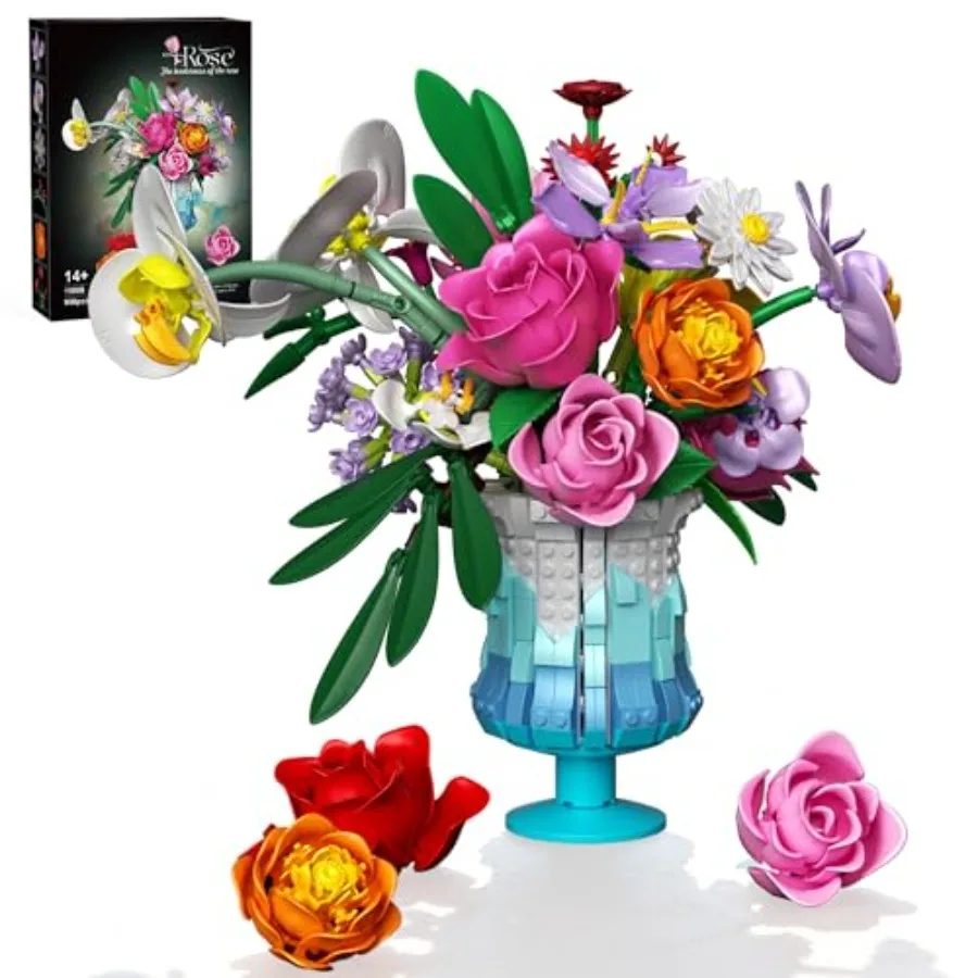 

Flower Building Set with Vase, Artificial Botanical Flower Set for Adults Women, Home Décor Display, Romantic Gift for Christma
