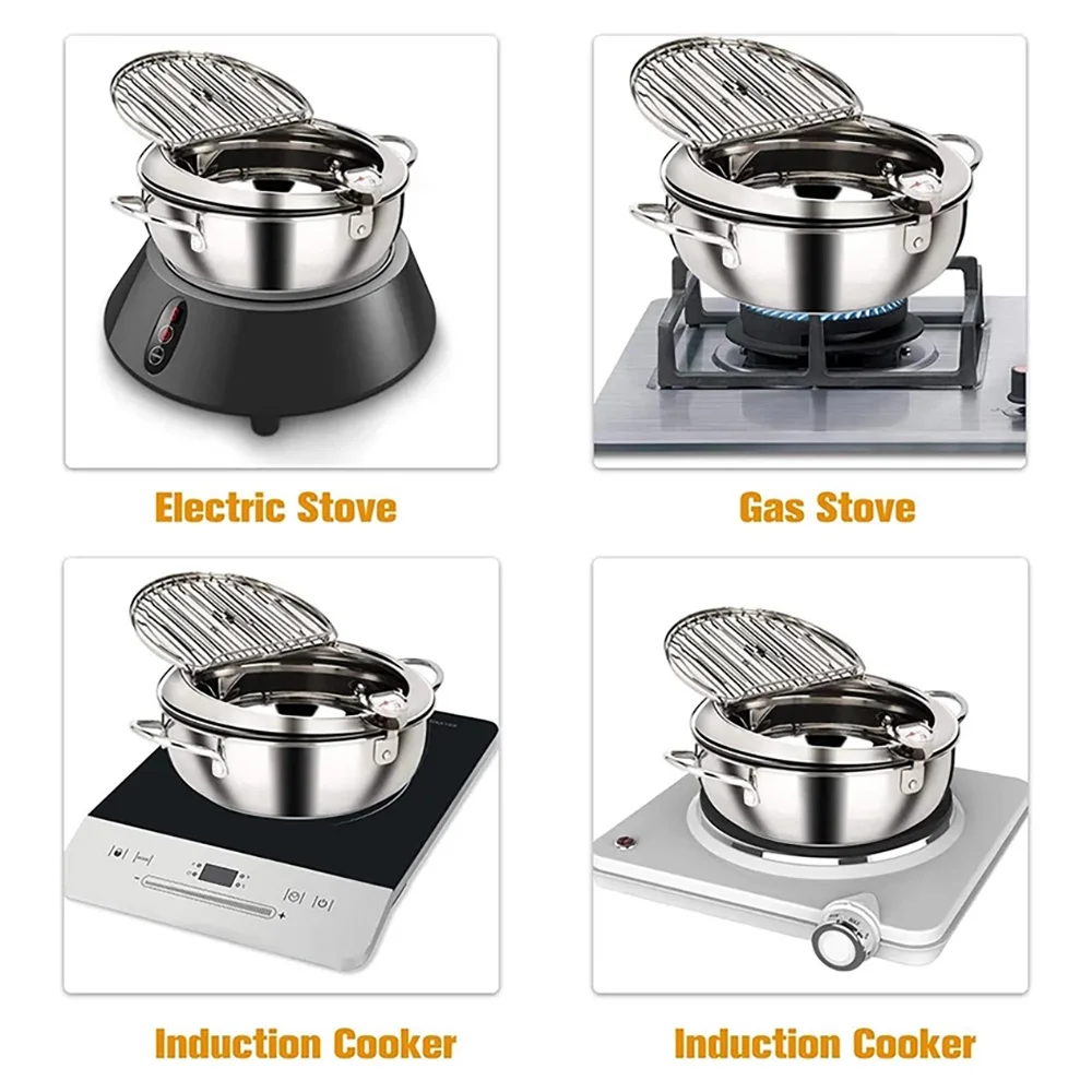 Frying Pans 304 Stainless Steel Pot Japanese Deep Fryer Kitchen Deep Frying Pot Temperature Control Without Oil Cookware-B51B