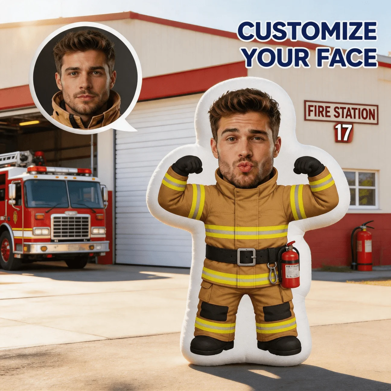 Custom Personalized Photo Face Pillow, Firefighter Costume Custom Shaped Decorative Cushion, 70CM Home Decor Accent Pillow for S