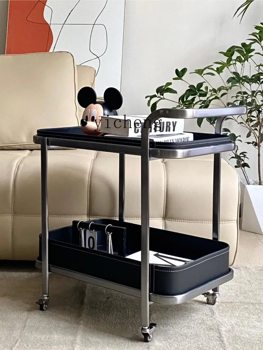 XL Mobile Trolley Light Luxury Saddle Leather Mobile Sofa Side Table Living Room with Wheels Corner Table