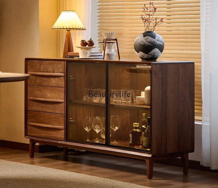 

FGNorth американский черный орех обеденный боковой шкаф гостиная настенное хранилище чайный шкаф из массива дерева стекло