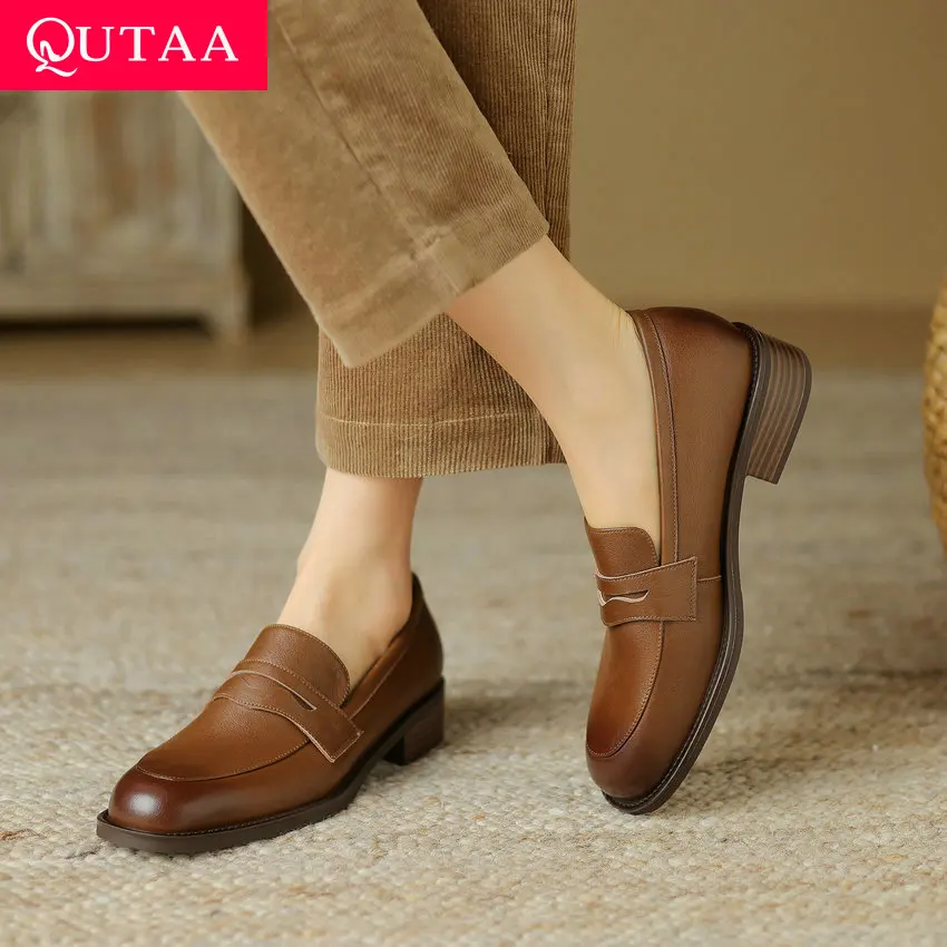 

QUTAA 2024 Low Heels Women Pumps Round Toe Genuine Leather Shoes Woman Spring Summer Loafer Casual Working Size 34-39