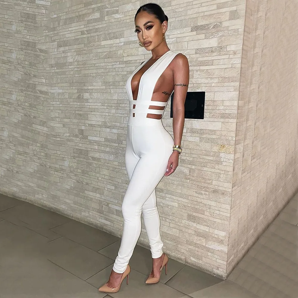 Sexy Nightclub Party Prom Club Banquet Hollow Splicing V-Neck Sleeveless Skinny Jumpsuit