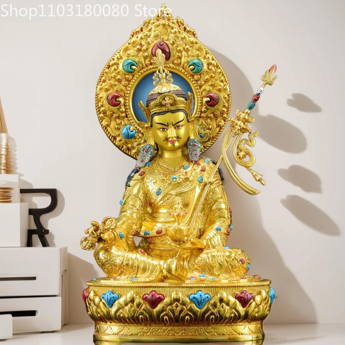 26cm Copper gilding Padmasambhava buddha statue inlay Guru Rinpoche Padma Sambhava sculpture