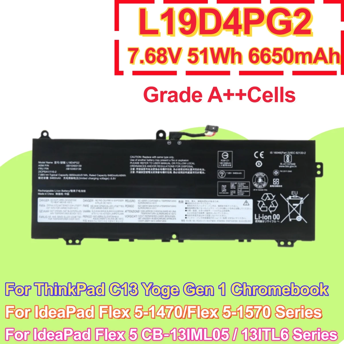 L19D4PG2 Laptop Battery For IdeaPad Flex 5 CB‑13IML05 ThinkPad C13 Yoga Gen 1 Chromebook L19M4PG2 L19L4PG2 SB10X63137 5B10X63136
