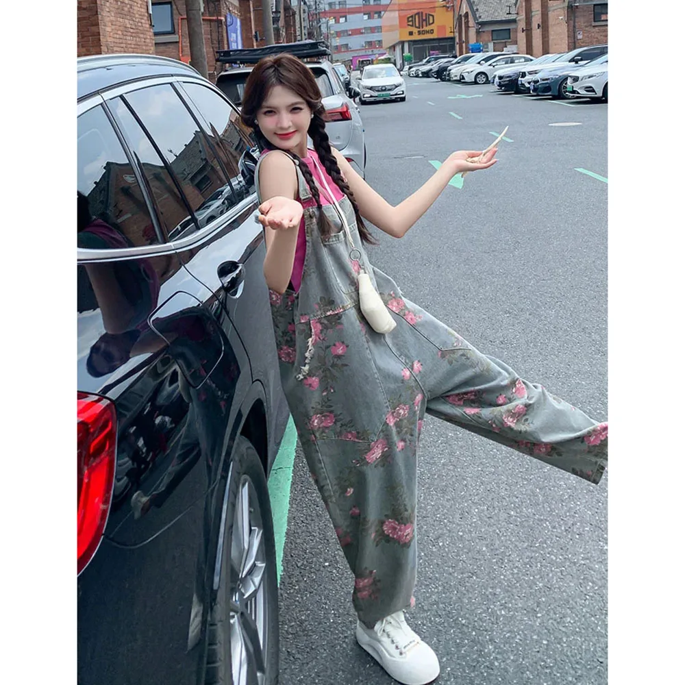 Retro Printed Denim Overalls Women's Summer New Design Sense Straps Suspenders Loose Wide-leg Pants Female Jeans Jumpsuit