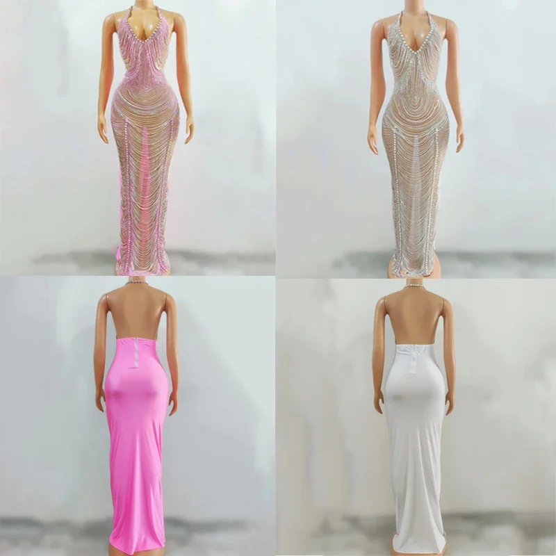 

Сексуальное сетчатое платье со стразами, женский праздничный наряд, цепочка с бахромой, вечерние платья для выпускного вечера, сценический костюм для празднования XS6735