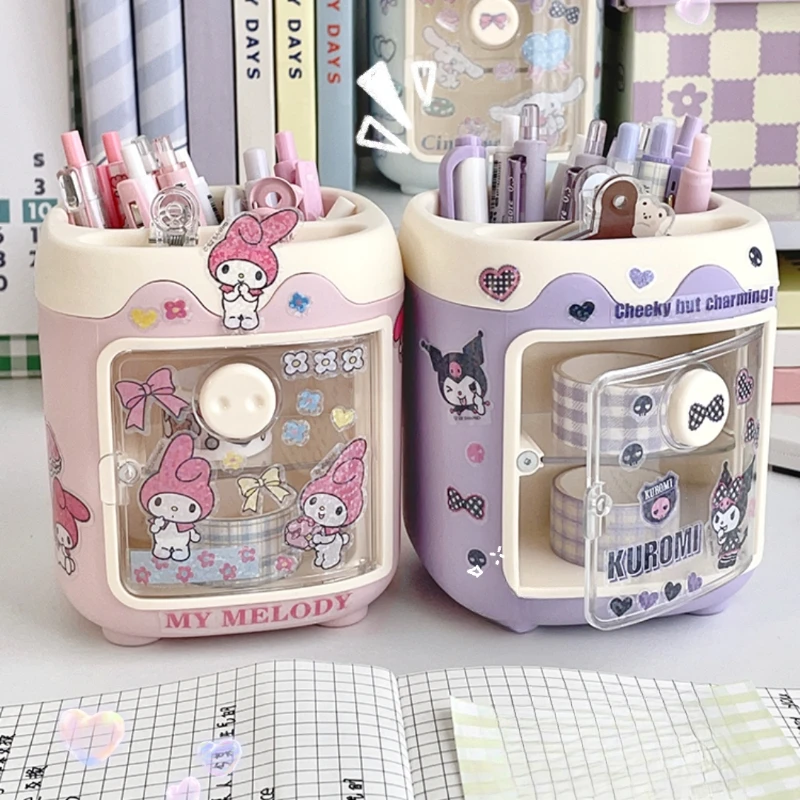 kawaii sanrio kuromi organizador de secretaria caixa de armazenamento de caneta porta pincel de maquiagem cartoon desktop minha melodia cinnamoroll adesivo diy 01