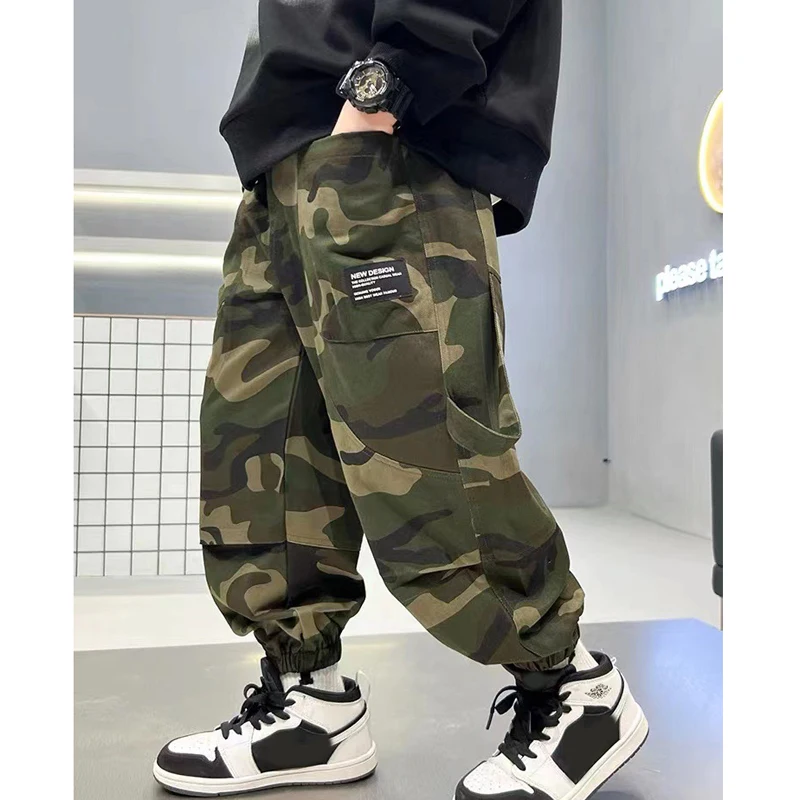 Spring Autumn New Boys Causal Cargo Pants Camouflage Print Loose Sports Pants For 5 6 8 10 12 14 Years Teen Boys Cotton Trousers