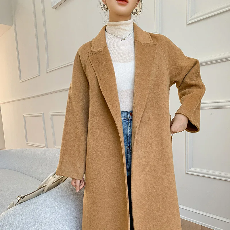 

New handmade double-sided pure Australian wool coat women's long Korean version lazy wind knee large size cashmere coat