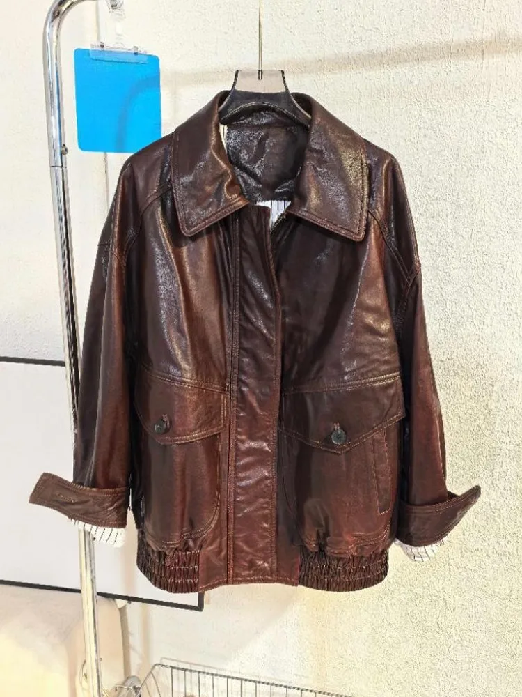 Damen Umlegekragen Ölwachs Schaffelljacke Lose Herbst Arbeitsmantel Winddicht Vintage Biker Reißverschluss Echtes Leder Damen