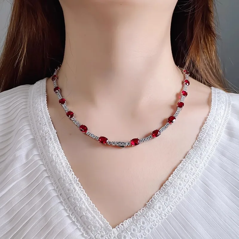 

Handmade Lab Ruby Diamond Necklace 14K White Gold Party Wedding Chocker Necklace for Women Bridal Engagement Jewelry Gift