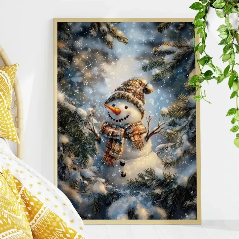 Multiple sizes 1pc frameless Canvas Painting Whimsical Evergreen Snowman in A Winter Wonderland Wall Art Poster, Cheerful Snowy