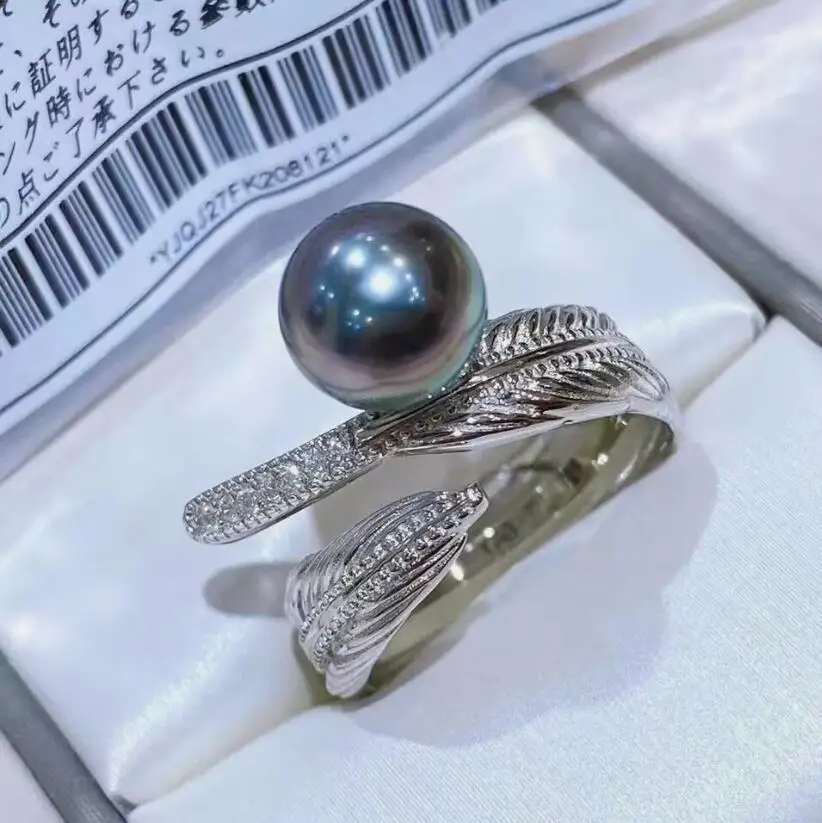 

stunning 10-11mm tahitian round black green pearl ring 925s