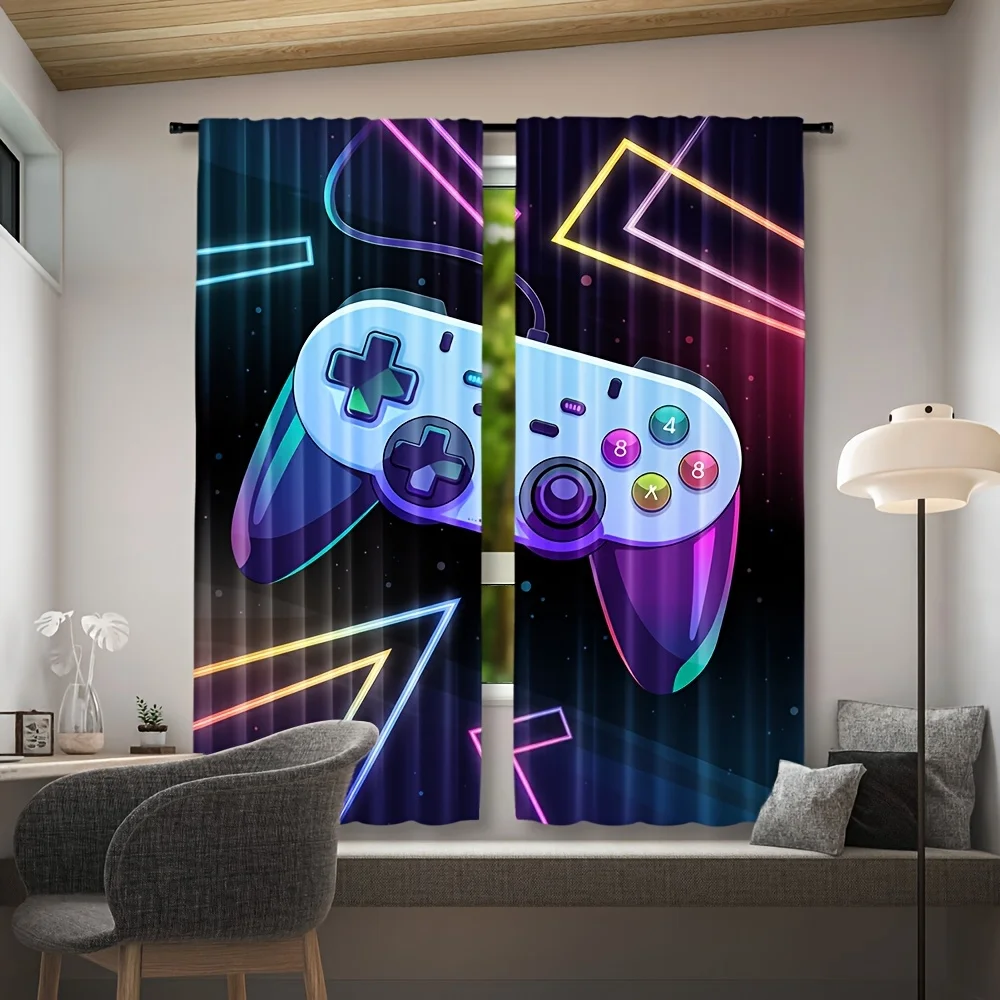 Neon Game Controller Curtain, Retro Gamer Window Drape, Colorful Joystick Blackout Panel, Kids Room Man Cave Home Decor