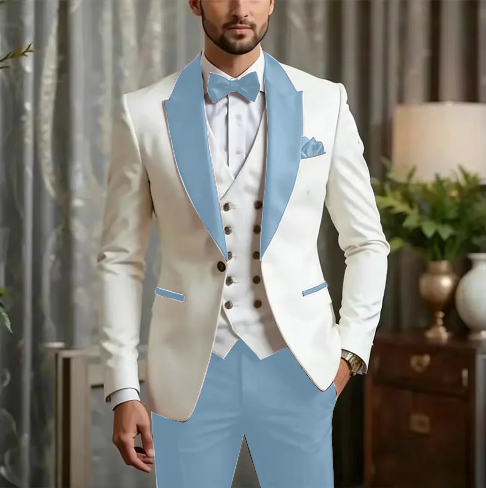 3 Pcs Color-block Men's Suits Slim Fit Formal Wedding Groom Prom Dress Costume Blazer Vest Pants Sets Homme Terno Masculino