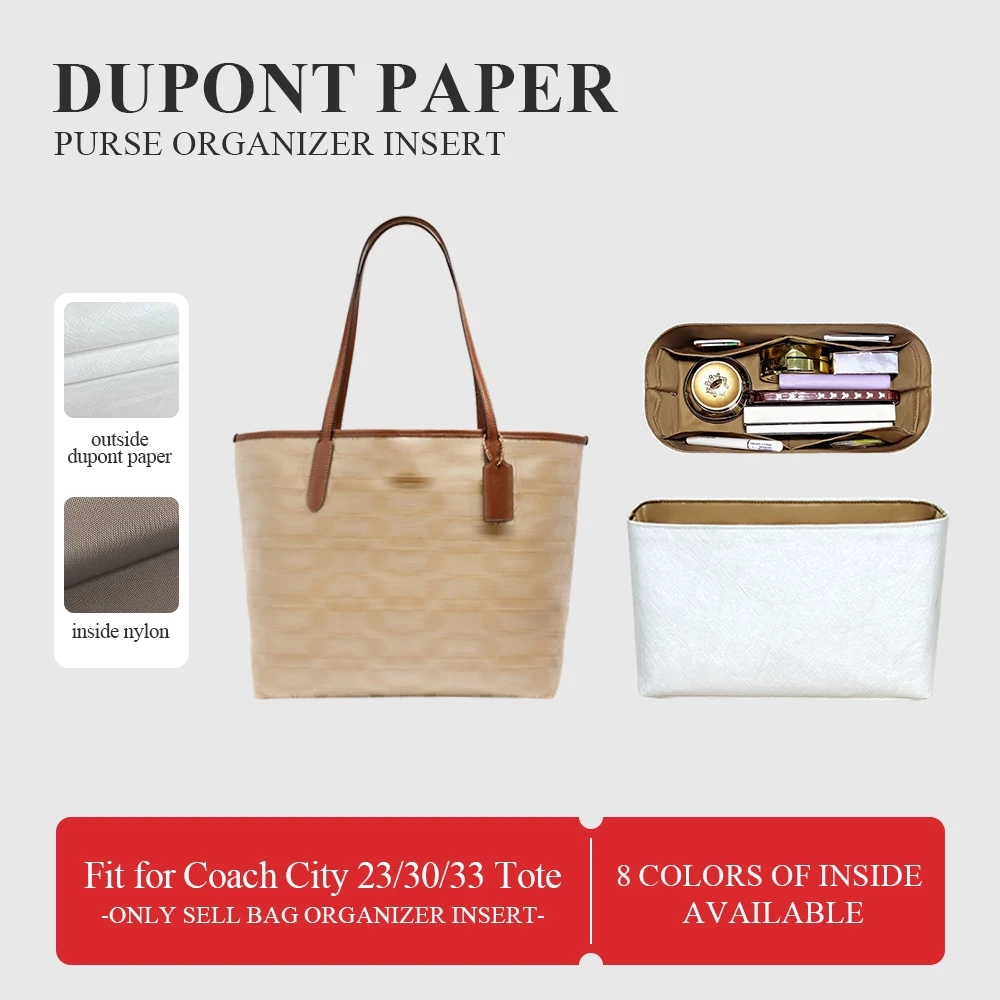 Dupont Paper Purse Organizer Insert Fit for Coach City 23/30/33, Zipper Inside Storage Bag In Bag Makeup Inner Liner Bag In Bag