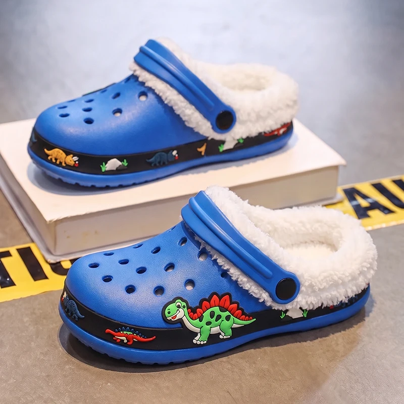 Winter Children Plush Clogs Warm Boys Slippers Sandals Cute Cartoon Dinosaur Fleece Lined Indoor Home Cotton Shoes for Boy