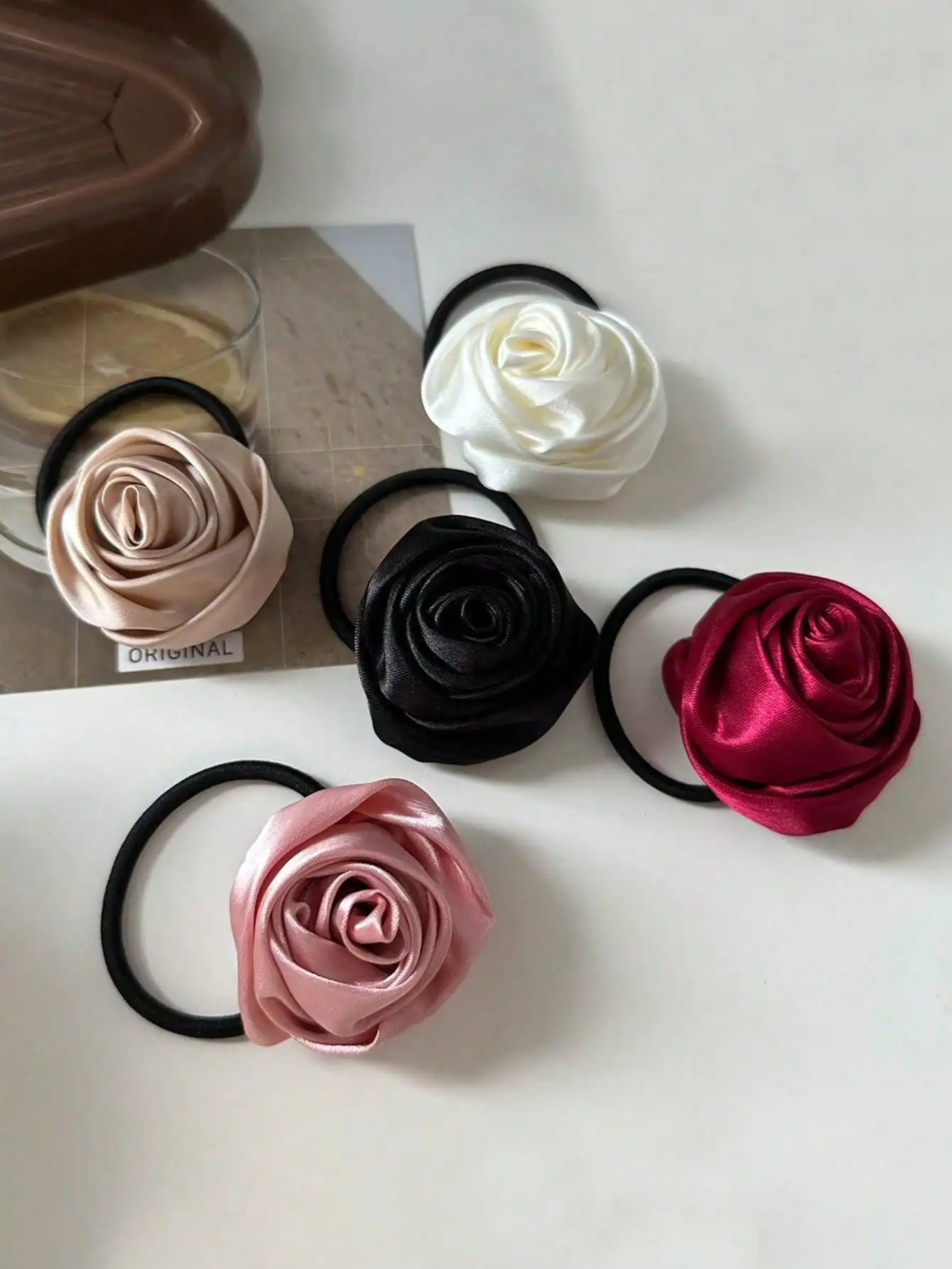 

5pcs/1pc Satin Handmade Rose Flower Hair Scrunchies, Elegant Chic Hair Tie Ponytail Holder, Suitable For Boho Daily Wear ,Gym Sport Outfit ,Hair Rope Hair Accessories Head Accessories Rubber Bands Hair Elastics