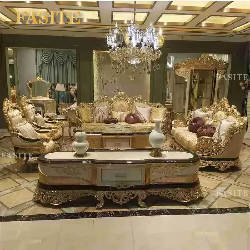 For French Style Luxury Living Room Furniture Royal Sofa Set Vintage Antique Chairs Elegant Home Decor Comfortable Seating