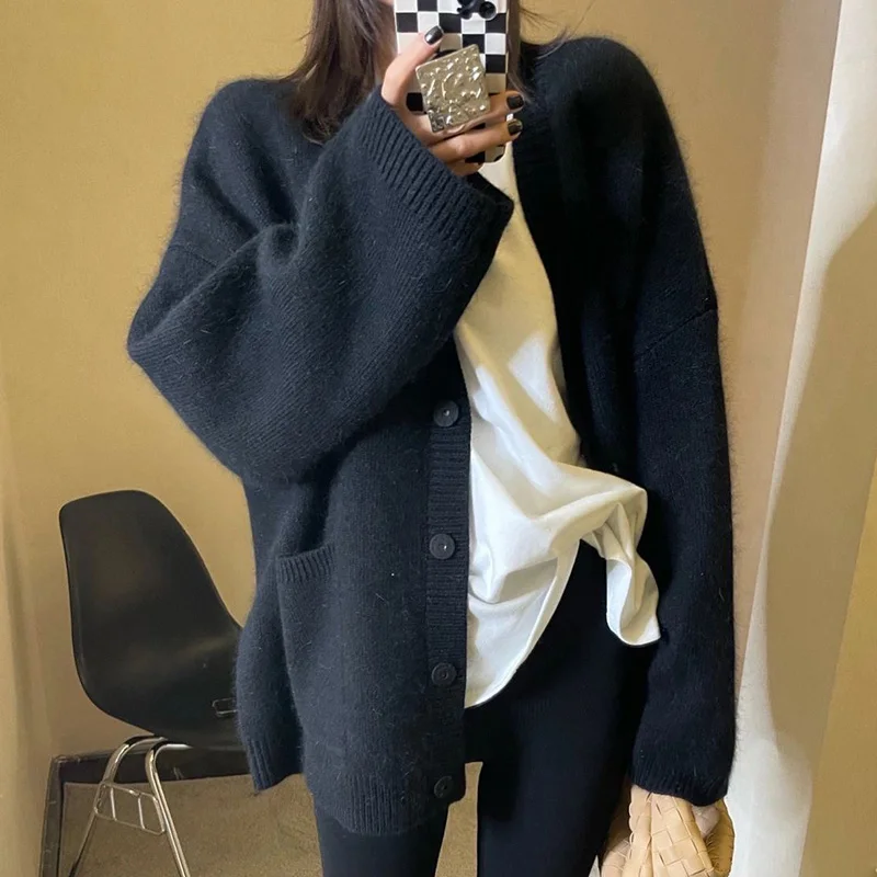 Chic Retro High-End Feeling V-Ne Bottone singolo Allentato Grande ket Caldo maglione cardigan aperto lavorato a maglia Jaet per donna