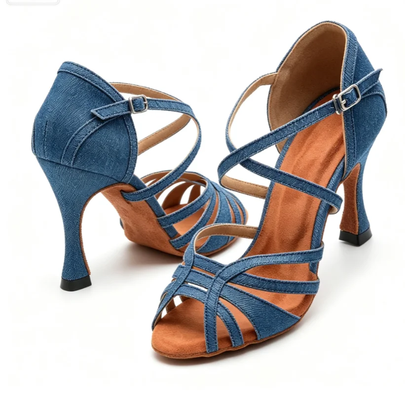 Evk Women Denim Latin Dance Sandals Cross‑Strap Adjustable Buckle 9cm Flared Heel Salsa Ballroom Tango Shoes Girls Party Dancing