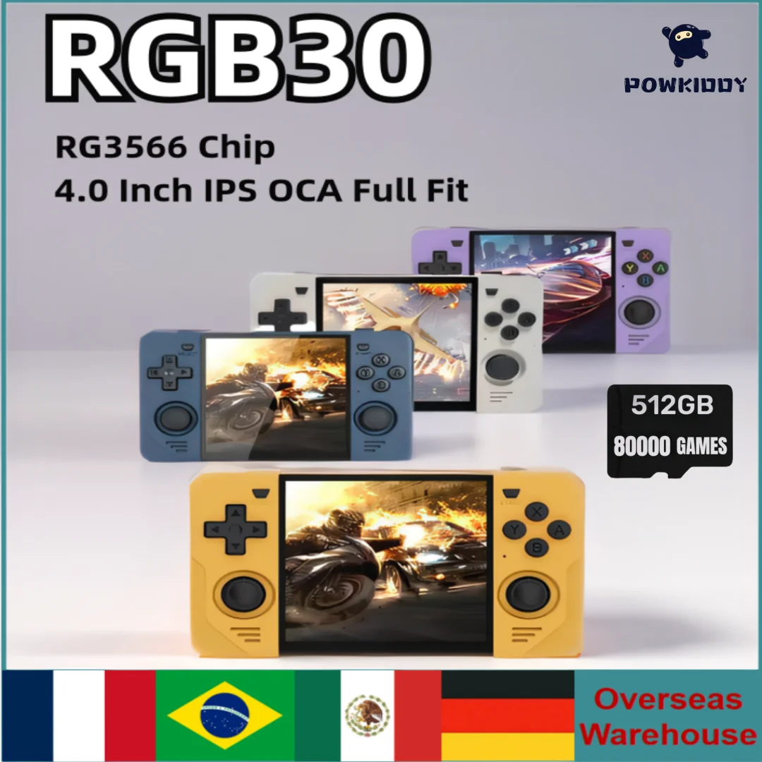 

Powkiddy RGB30 Retro Pocket Portable Handheld Game Console Built-in Wifi RK3566 4Inch IPS Screen Open-source 512G 450 PSP Game