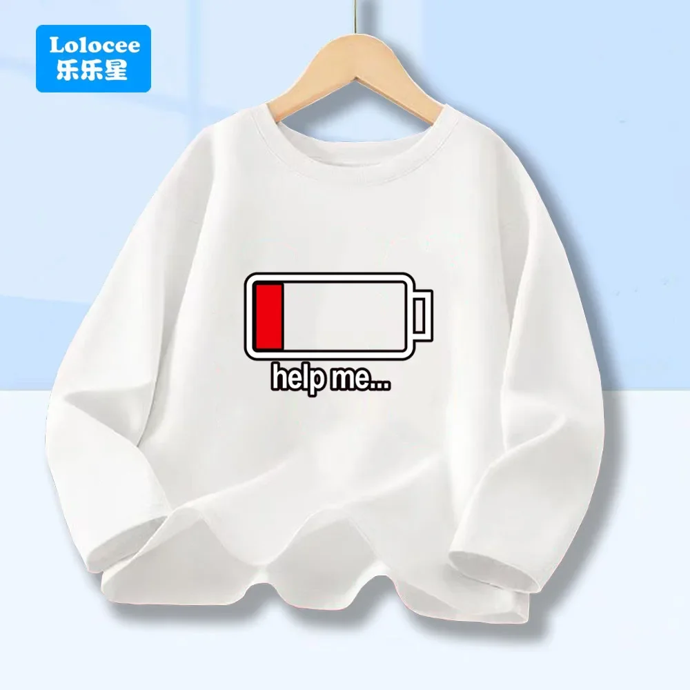 Boys Long Sleeve T Shirt Low Battery Funny Graphic Print Kids Loose Harajuku Hip Hop Streetwear Casual Tee
