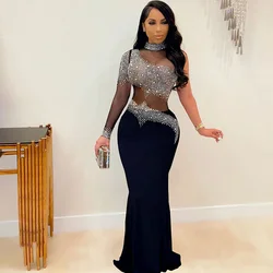 Vestido largo ajustado con diamantes de imitación de cristal para mujer, vestido Sexy de noche de boda con una manga de malla transparente, vestidos de fiesta nocturna para discoteca