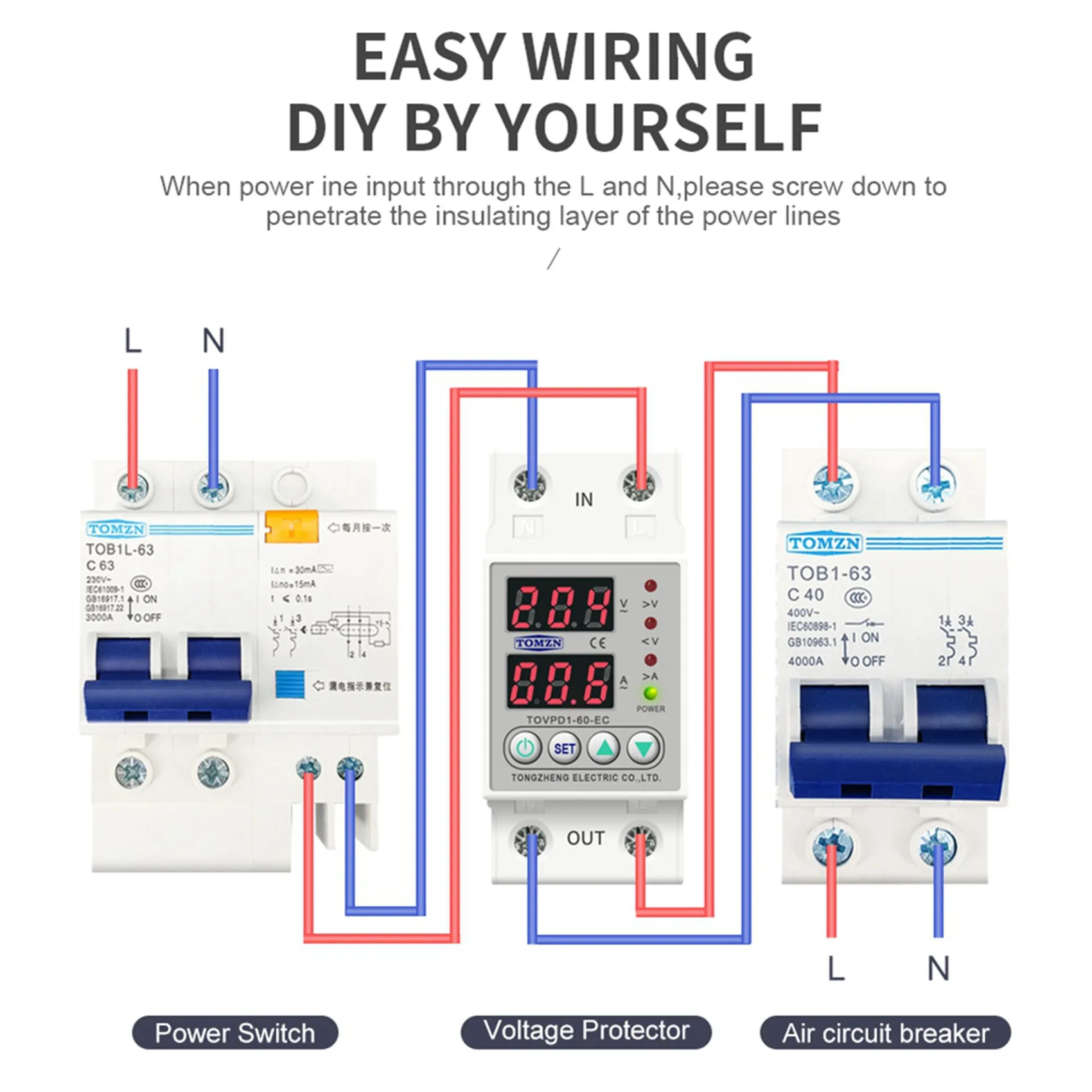 AT19-5X Din Rail Dual Display Adjustable Over Voltage Current And Under Voltage Protective Device Relay 40A 220V 230V