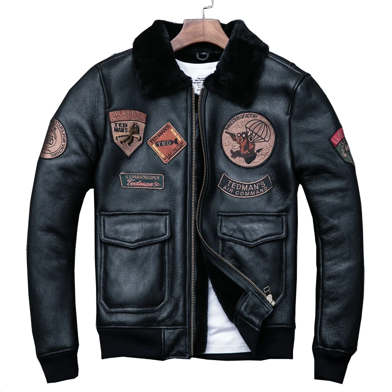 

Real Sheepskin Leather Jacket Winter Warm Shearling Coat Men 8 Patches Bomber Flight Jacketsнатуральная шуба овчина Asian Size