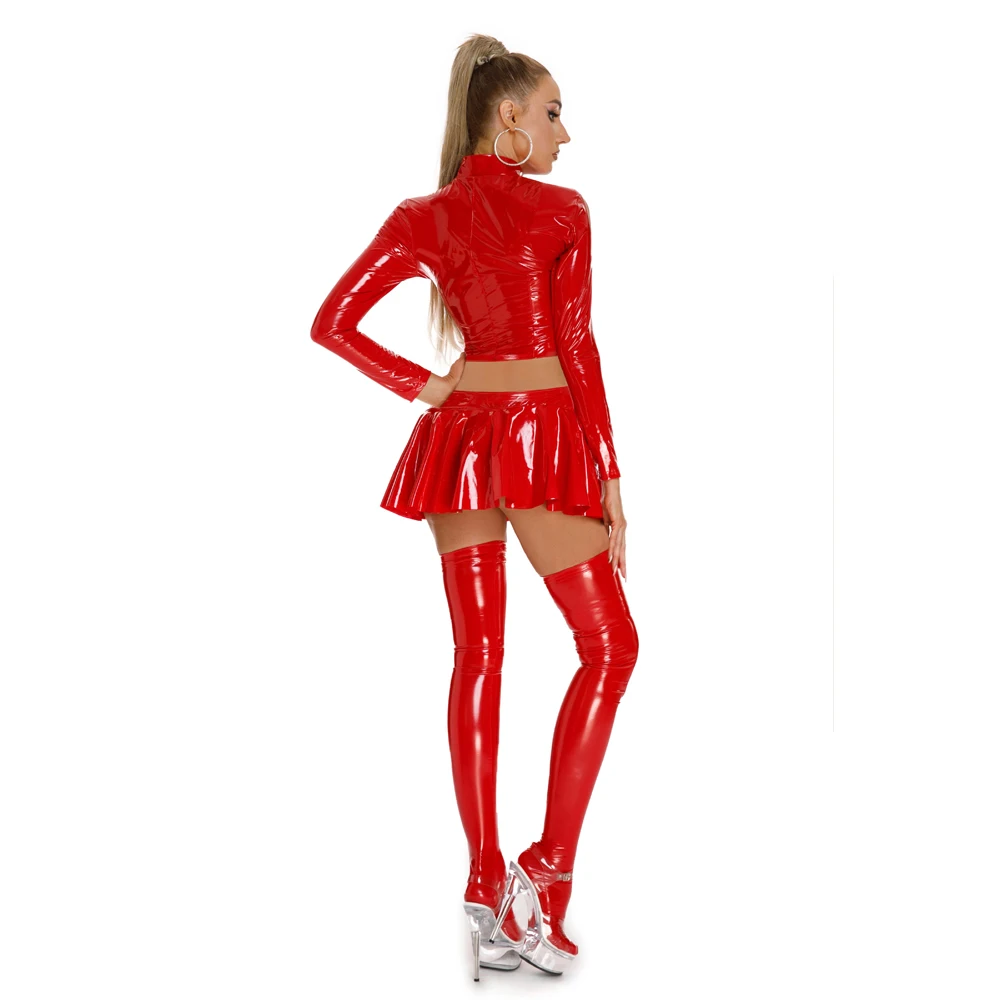Wet-Look-PVC-Langarm-T-Shirt, Crop-Top, glänzende PU-Lederjacke, kurzes T-Shirt, Cosplay, A-Linien-Rock, Micro-Mini-Röcke, Clubwear – Detail 8