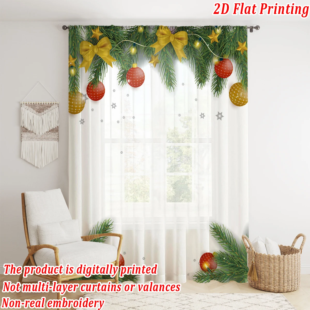 Christmas Flat Printing Sheer Curtain with Christmas Ball Bow Star Pine Branch for Living Room Bedroom Decor Holiday Party
