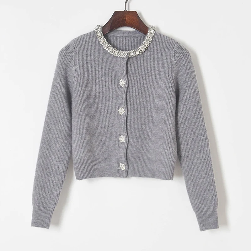 Grey SHort Cardigan for WOmen Spring and Autumn Crystal Beading Neckline Knitted Sweater Cardigan Jacket Coat KNitwear