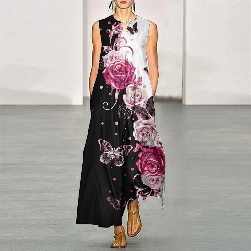 Letnia nowa czarno-biała długa sukienka z kwiatowym nadrukiem dla kobiet Casual V-neck Sleeveless Maxi Dress Holiday Party Evening Gowns