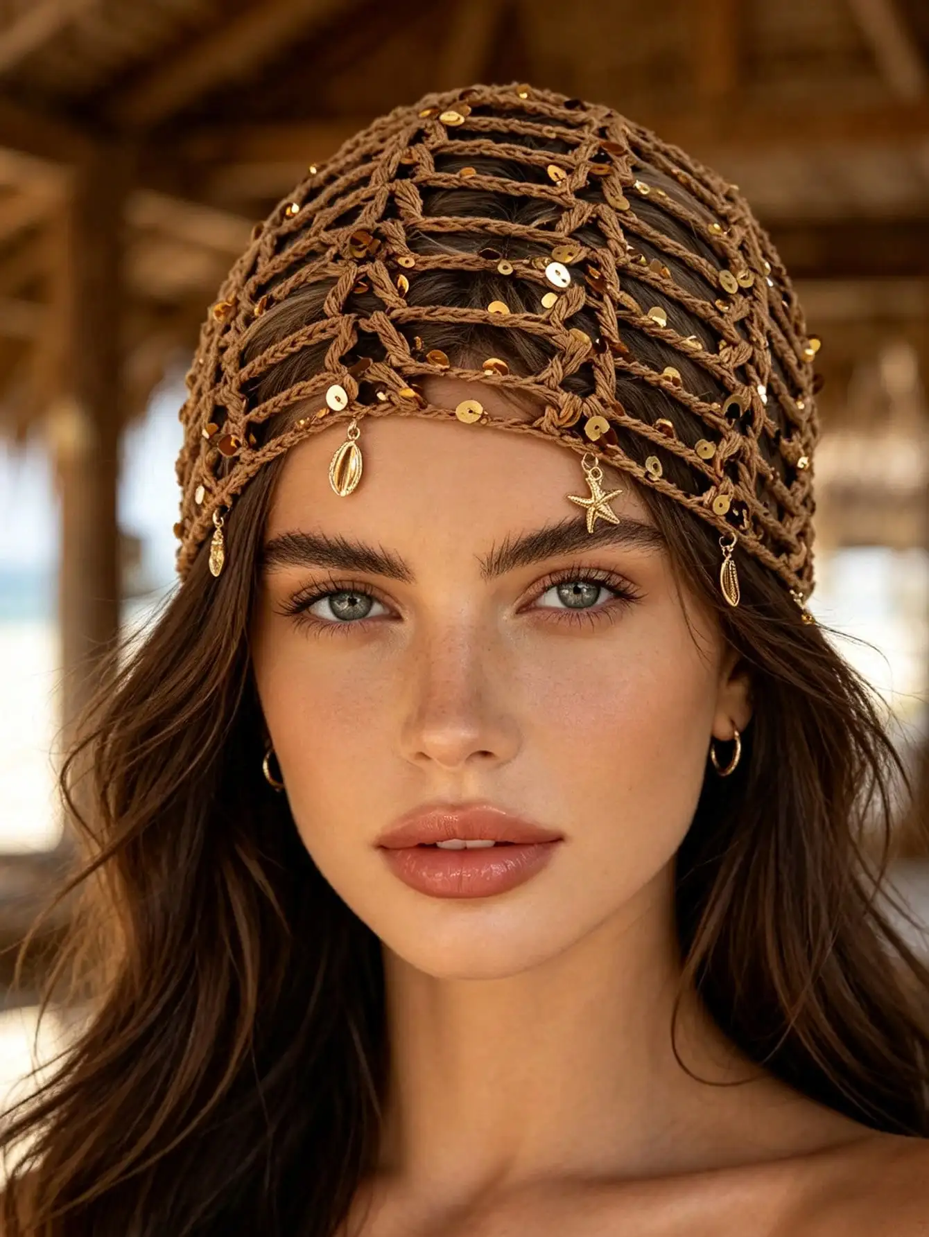 1pc Bohemian Hollow Sequin Knit Beanie With Star Pendant, Multi-Color Vacation/Street Style Fashion Headwear