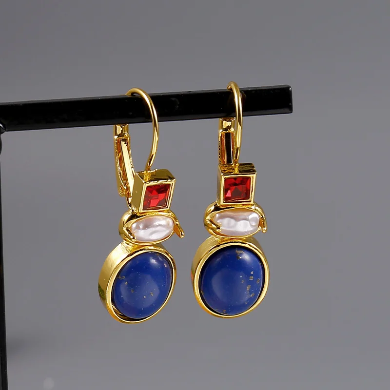 Vintage Lapis Lazuli Dangle Earrings for Women Gold Plated Garnet Square Drop Earrings with Baroque Pearl Hypoallergenic Lightwe