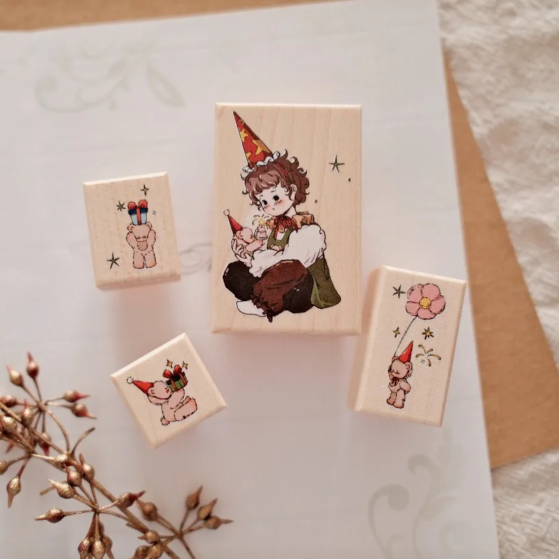 

Vintage Lovely Gift Bear Christmas Girl Wooden Rubber Stamp Set DIY Scrapbooking Photo Album Card Making Wood Seal