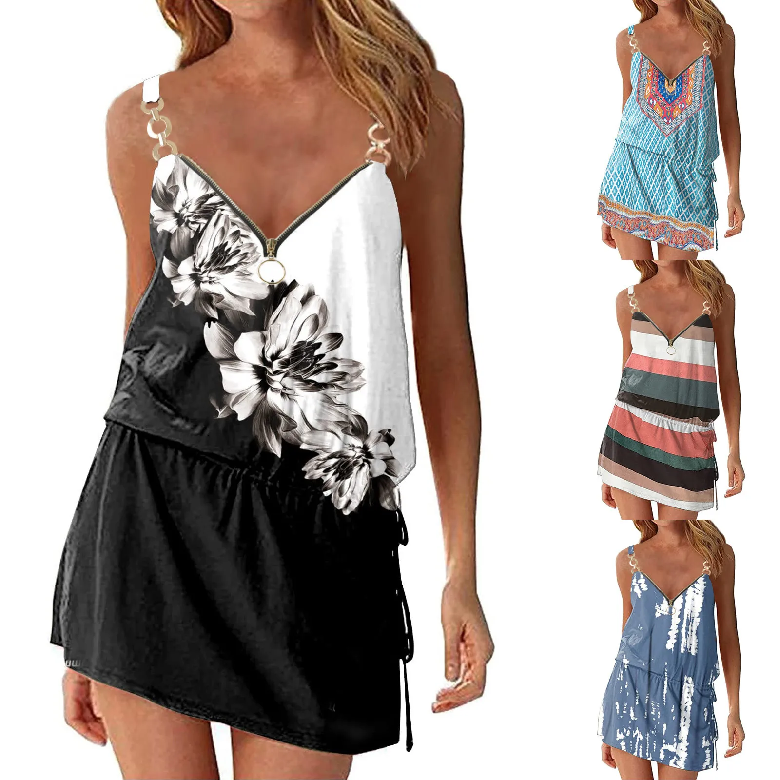

Women Beach Dress Cover Ups Floral Print T Shirt Sleeveless Sundresses With Pockets Tie Waist Midi Dresses for Women