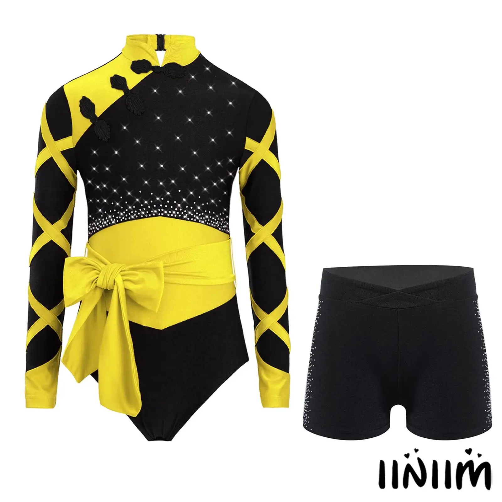 

Girls Ballet Jazz Dance Outfit Long Sleeve Rhinestones Color Block Leotard with Belt And Shorts Lyrical Gymnastics Dance Wear