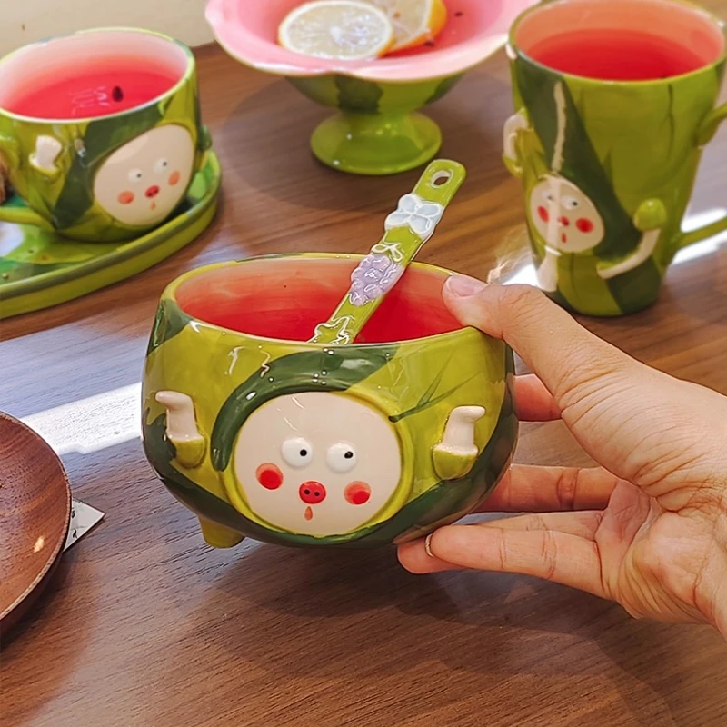 Juego de vajilla de cerámica de sandía estilo nórdico ins, bonito plato para taza, taza de desayuno para el hogar, cuenco, inauguración de la casa, nuevo regalo para el hogar para niñas