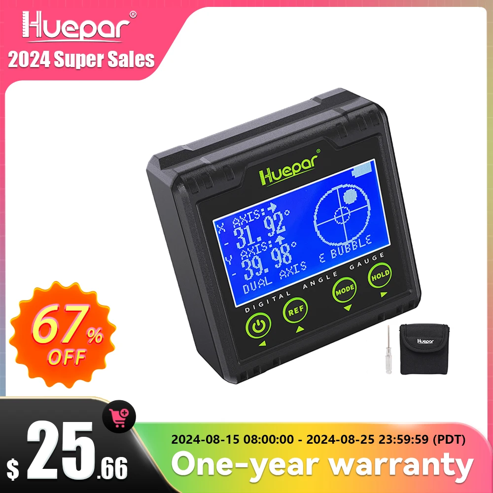 Medidor de Ângulo Digital Inclinômetro Lcd Eletrônico Bevel 360 ° Medição Transferidor Base Magnética e Alerta Sonoro Huepar-ag03