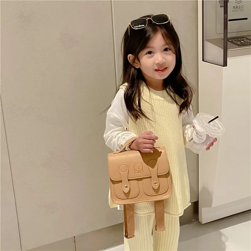 Children schoolbags fashion retro college style boys and girls backpacks cartoon bear PU shoulder small square bag trendy