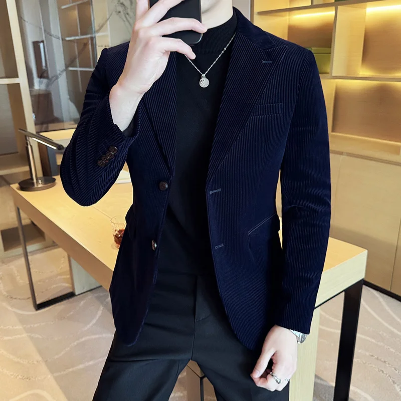 Korean Solid Color Suit Jackets Men\'s Corduroy Striped Blazers Autumn Winter Casual Business Wedding Groom Dress Coats M-4XL