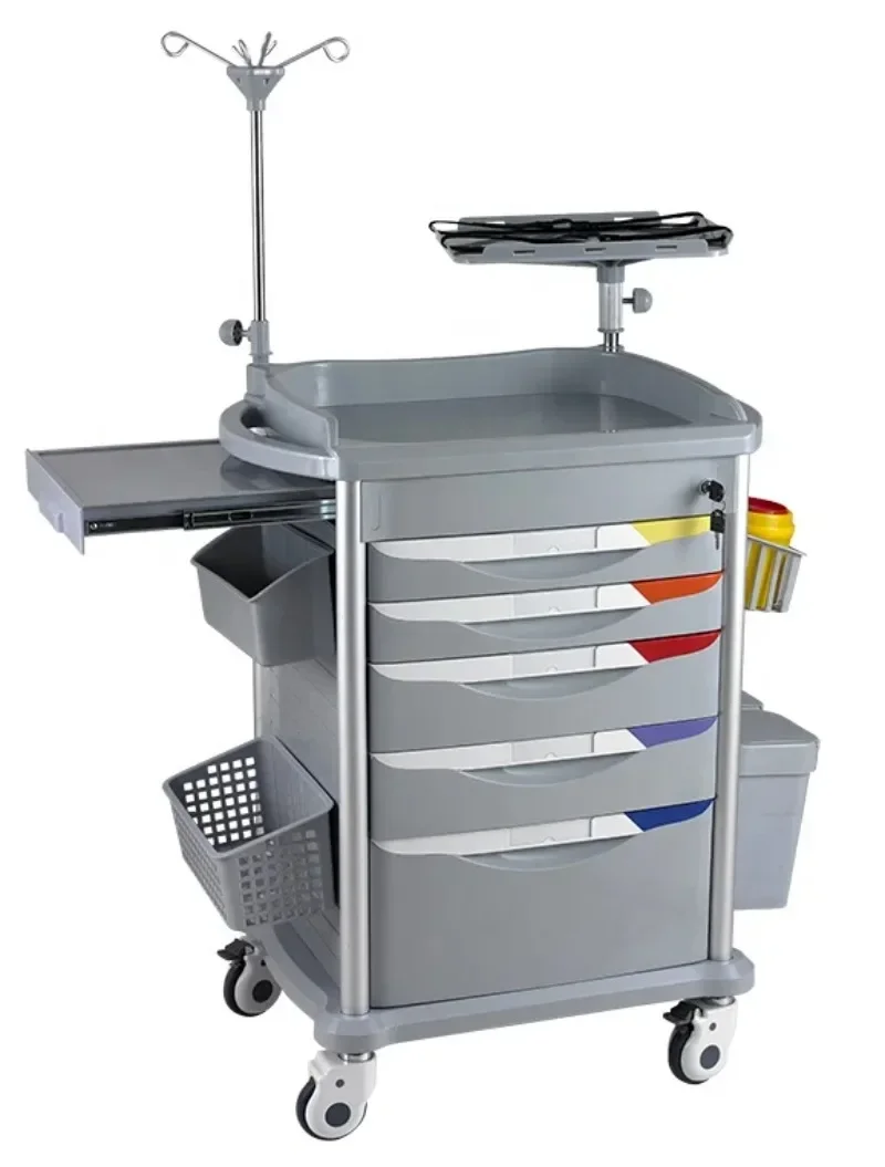 ABS Hospital Emergency Cart Trolley for  Furniture 4 Silent Medical Castors 5 Drawers Easy Clean ISO