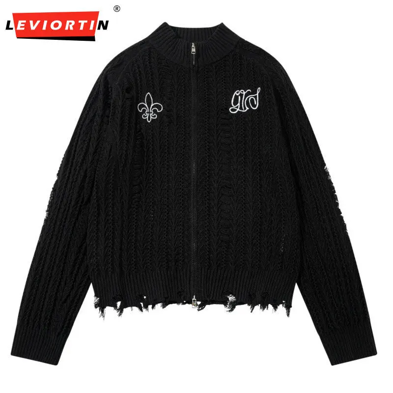 

Мужской весенне-осенний модный брендовый кардиган с воротником-стойкой на молнии, свитер с сетчатым крючком и цветочным пирсингом, вязаный свитер, пальто